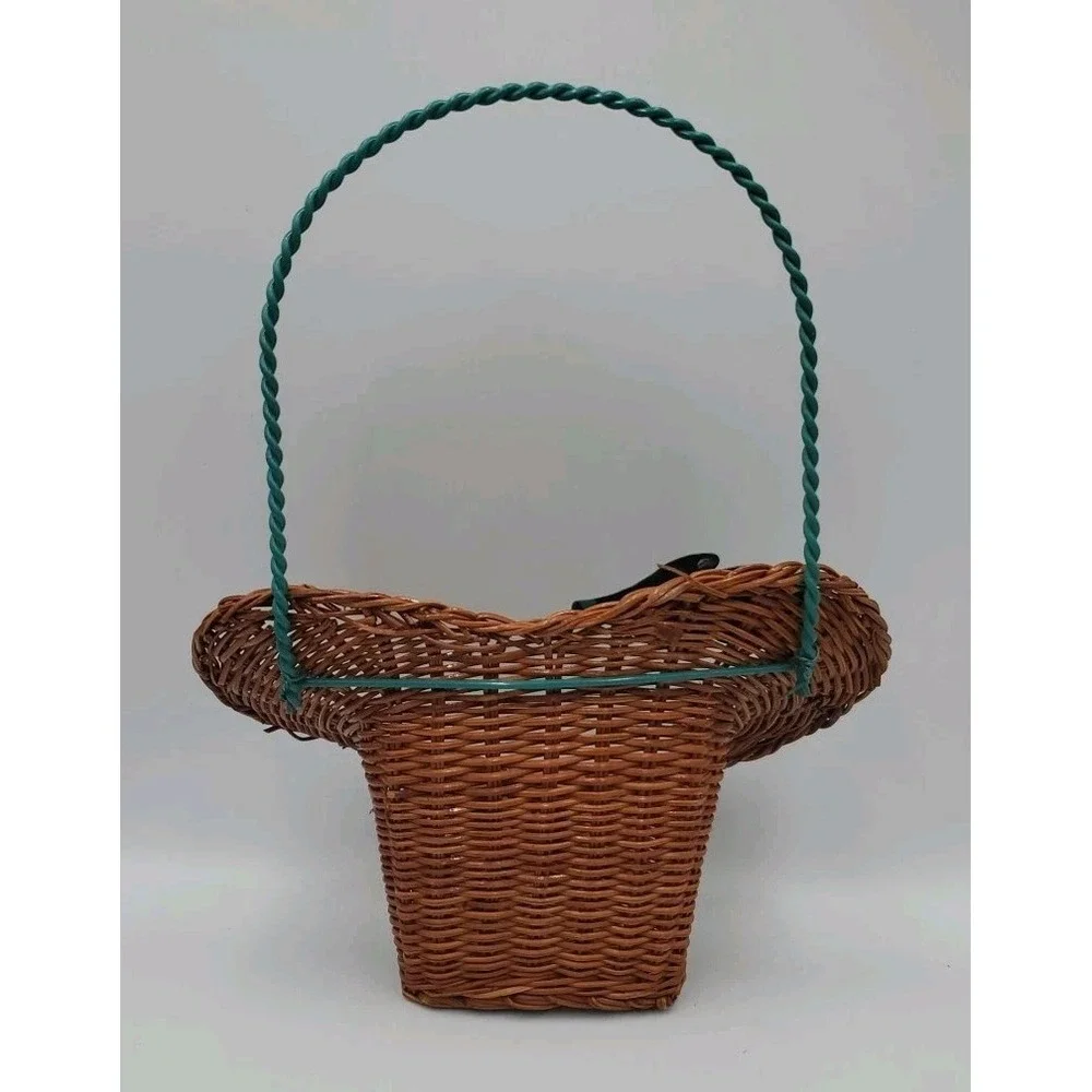 Decorative Hanging Wicker Basket with Green Metal Wire Cottagecore